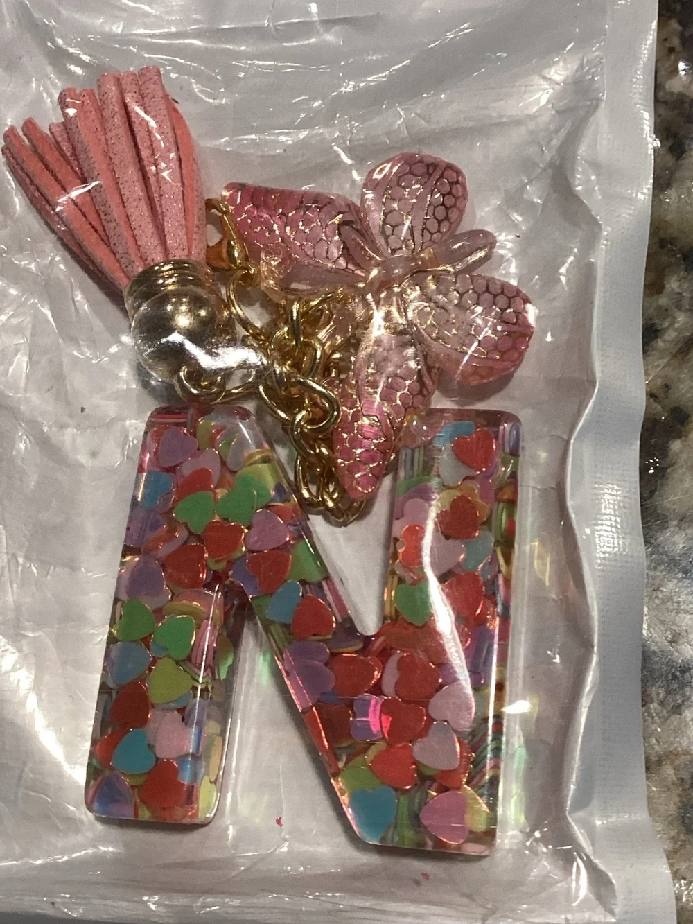 Pink Confetti Letter N Keychain with Tassel and Butterfly Charm